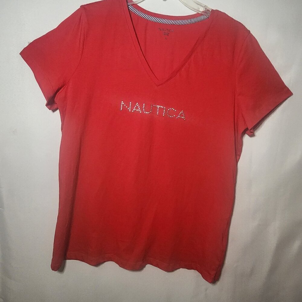 Nautica red women's tee with silver beaded embellished logo